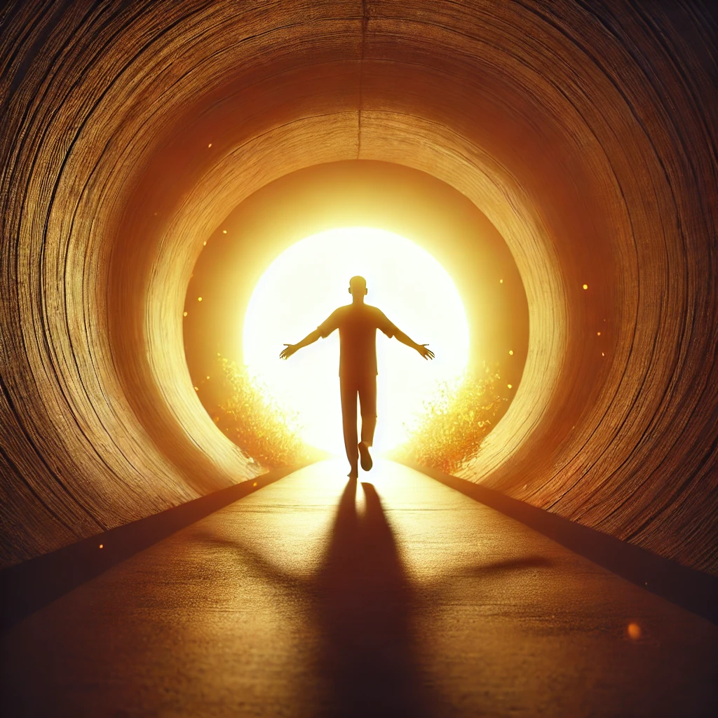 DALL·E 2024-10-19 17.24.30 - A person walking towards a bright light at the end of a dark tunnel, symbolizing liberation and hope. The light is warm and glowing, representing free