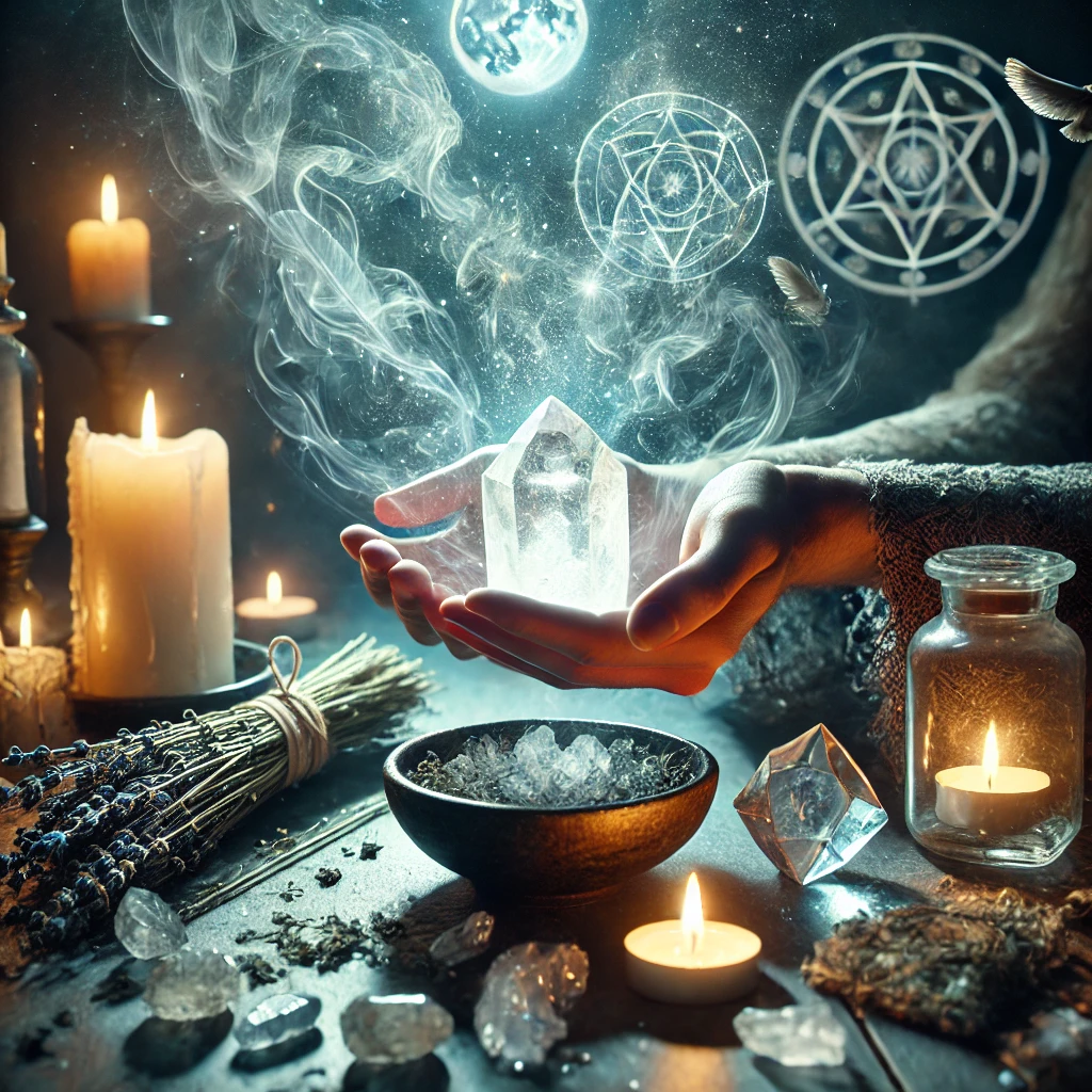 DALL·E 2025-01-06 01.04.37 - A mystical scene of an energy cleansing ritual. A person’s hands hold a glowing white quartz crystal, radiating purifying energy. Surrounding it, sacr