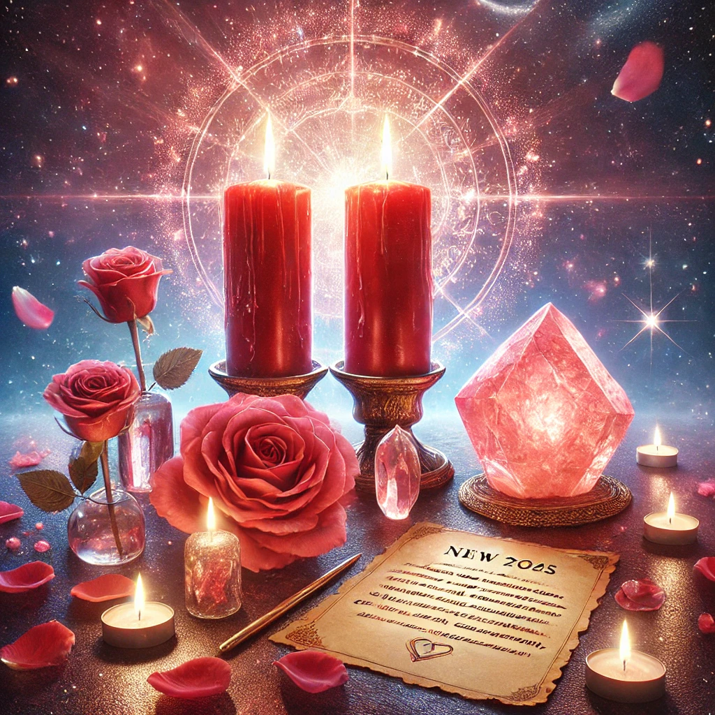 DALL·E 2025-01-06 01.08.40 - A mystical and romantic scene symbolizing love manifestation for the new year 2025. A sacred altar with two lit red candles intertwined, surrounded by