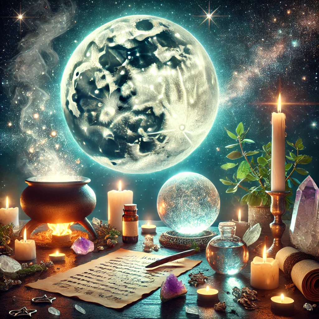 DALL·E 2025-01-06 01.10.30 - A mystical and enchanting scene of a full moon manifestation ritual. A glowing full moon illuminates a sacred altar with a glass of moon-charged water