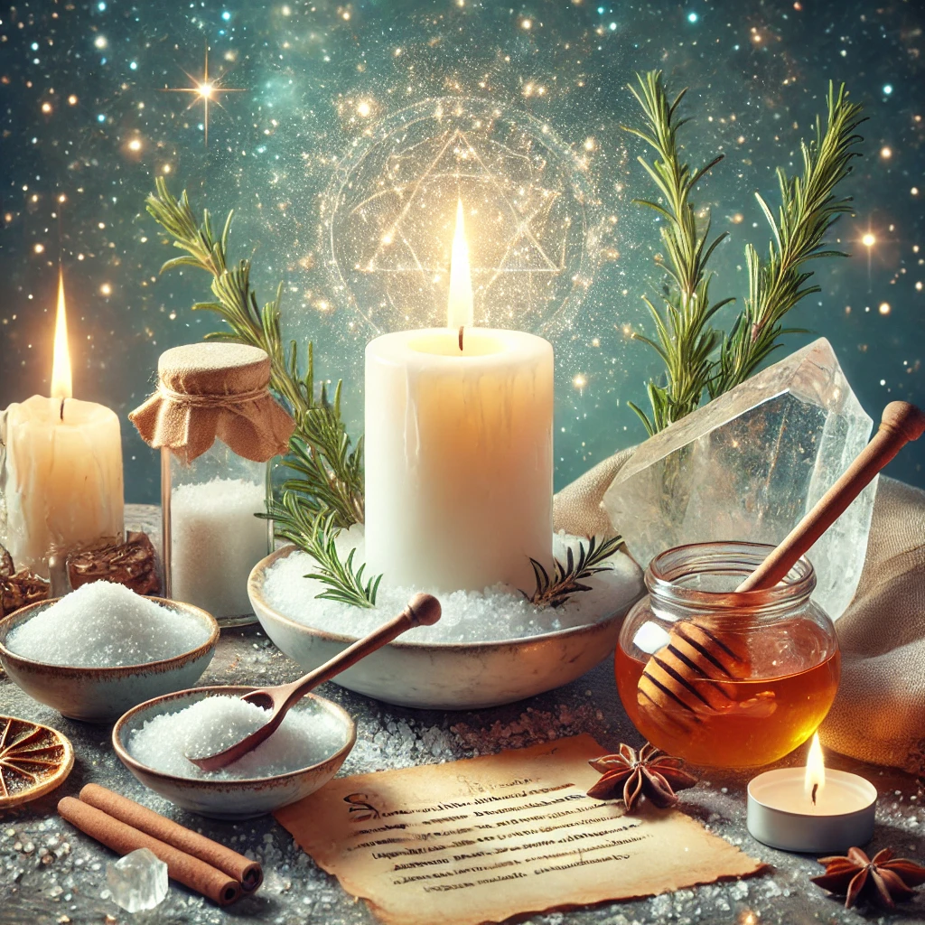 DALL·E 2025-01-06 01.12.21 - A mystical and serene scene representing white magic rituals. A glowing white candle in the center, surrounded by protective salt, fresh rosemary spri