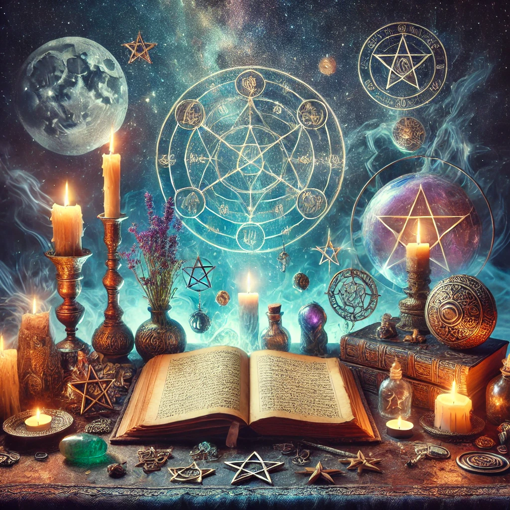 DALL·E 2025-01-06 01.26.17 - A mystical and esoteric scene representing ancient ritual magic. A sacred altar with glowing candles, an open ancient book filled with arcane symbols,